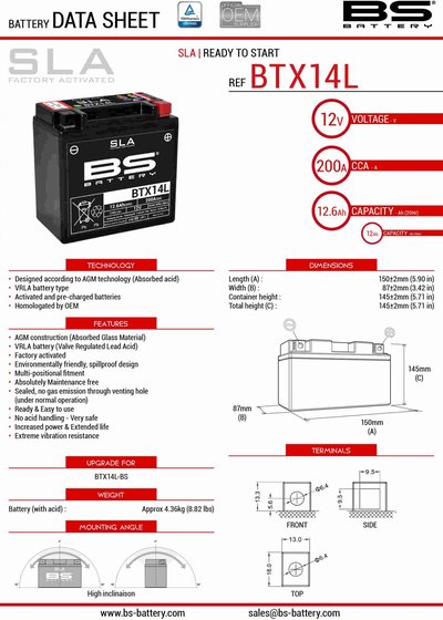 F 650 GS (2007 - 2012) btx14 sla 12v battery | BS BATTERY