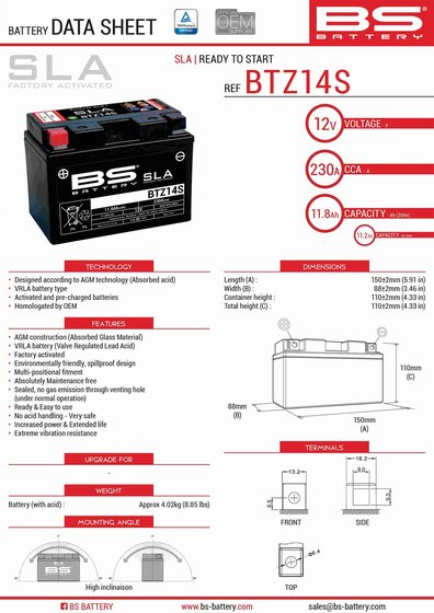 F 800 GS ADVENTURE (2014 - 2016) btz14s sla battery | BS BATTERY