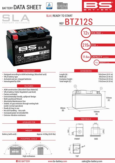 S 1000 RR (2010 - 2014) btz12s sla battery | BS BATTERY