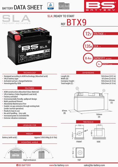 S 1000 RR (2017 - 2022) btx9 sla 12v 135 a akumuliatorius | BS BATTERY