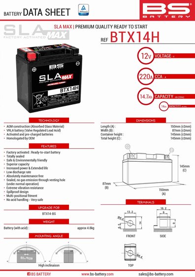 C 650 (2012 - 2021) btx14h sla max akumuliatorius | BS BATTERY